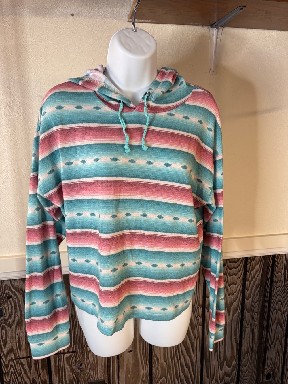 Women's Striped Hooded Pullover Sweatshirt in Teal and Coral